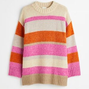H&M Alpaca Blend Tunic Sweater Top Shirt Blouse Stripe Beige Pink S